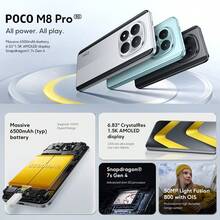 Xiaomi POCO M8 Pro 5G 全球版智能手机，支持 NFC、小米 HyperOS 2、屏下指纹识别、AI 人脸解锁、蓝牙 5.4，配备 6500mAh 大容量电池，支持 100W 超级快充和最高 22.5W 反向充电，6.83 英寸 CrystalRes 1.5K AMOLED 显示屏，3200 尼特超亮护眼屏，搭载骁龙 7s 第四代 4nm 制程 5G 处理器，5000 万像素 Light Fusion 800 光学防抖专业高动态范围传感器，IP69K 防尘防水。 - 綠色 - 查看 2