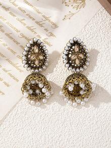 1对女士小珍珠水滴铃铛耳环，适合日常佩戴 - 金黃色 - 查看 3