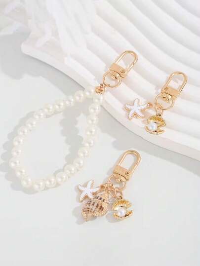 天然不对称仿贝壳和海星包/钱包吊坠装饰饰品，伴娘礼物，夏季海滩度假必备，吊坠装饰，海洋海星贝壳钥匙扣，精致迷人，适合女性度假日常佩戴。