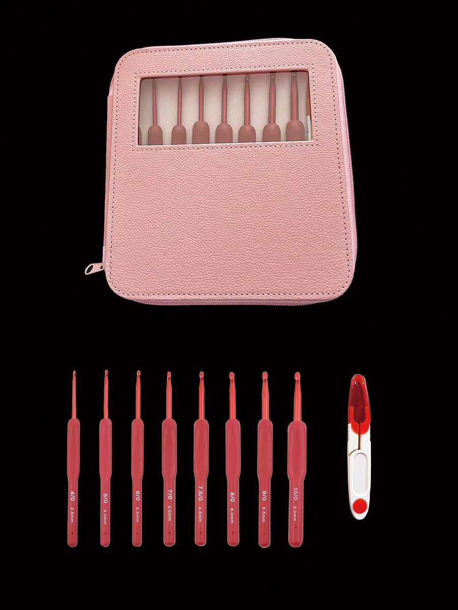 [9pcs Set]Red Soft Handle Crochet Hook Set, Silicone Soft Handle, 2.5-6.0mm 8 Universal Sizes, 1 Safety Yarn Scissors, Anti-Slip Comfortable. Comes With Transparent Window Storage Bag, Durable, Easy To Take And Put, Beautiful Style, Suitable For Personal Use And Gift Giving - Red Handle Crochet Hook Box Set - View 1