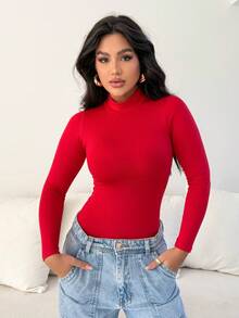Women's Bodysuit Kit, High Neck, Long Sleeve, Second Skin, Basic, Versatile, Fashion Blogger Style, - 紅-黑-白 - 查看 3