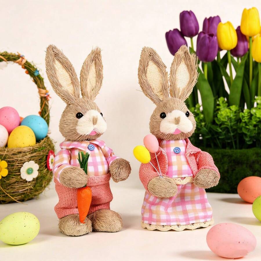Easter Rabbit Table Decorations Cute Straw Mini Bunny Figurines Tabletop Centerpieces For Home Spring Party - H - View 1