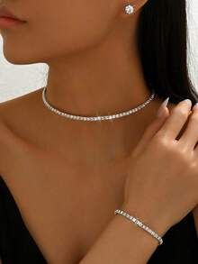 4件套优雅女士闪亮单排水晶项链、耳环、手链首饰套装，时尚新娘晚礼服配饰 - 銀色 - 查看 3