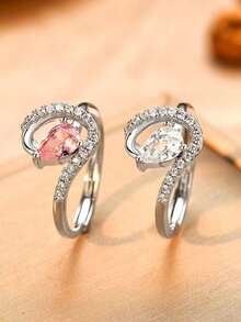 1 pieza Anillo de mujer con gota de agua de zirconia rosa, anillo de rhinestone de alto carbono - Anillo de lágrima retorcida - Ver 1