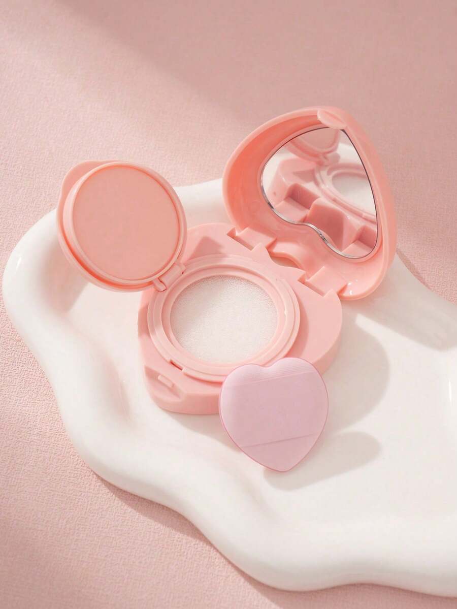1pc Pink Heart Shaped Compact Powder Case, Heart/Oval Design, Cute & Fashionable With Mirror And Refillable Cushion, Concealer BB Cream Foundation Compact, Convenient Travel Makeup Container, Suitable As Mother's Day/Women's Gift - Multicolor - View 1