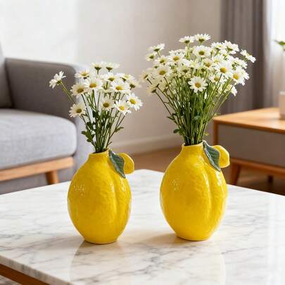 1pc Unique Lemon Shaped Ceramic Vase With Artificial Lemon Branches, Suitable For Decoration, Kitchen, Bookshelf, Coffee Table, Home Decor, Size 3.9x5.5 Inches, Minimalist Ins Style, Applicable For Living Room Decor, Photo Props