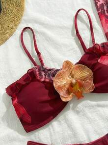 3件套女士印花优雅性感露背系带3D花朵裙比基尼套装，适合海滩和度假穿着，春夏度假红色 - 紅色 - 查看 5