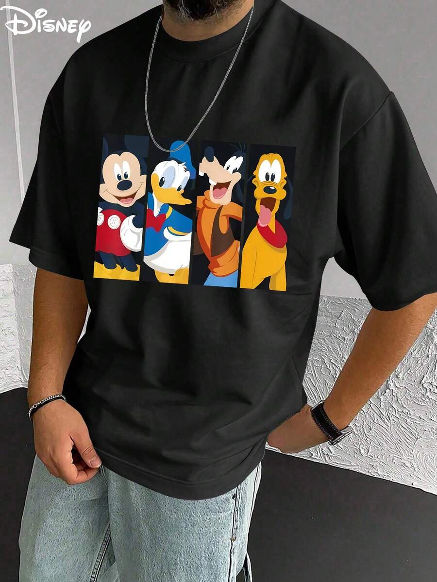 Disney Men's Casual T-Shirt, Mickey, Donald, Goofy & Pluto Print, Nostalgic Design, Comfortable Soft Fabric, Perfect For Collectors - 黑色 - 查看 1