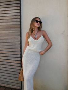 Conjunto de camiseta de tirantes y minifalda de estilo sexy de punto, al estilo europeo y americano, conjunto de ropa de playa de verano en blanco - Blanco - Ver 5