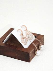 1 Pair Zirconia Palm Shaped Pearl Long Tassel Earrings, Suitable For Women - Rose Gold - View 4