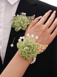 1pc/2pcs Green Rose Flower With Golden Leaves Beaded Brooch And Wristband, Suitable For Groom, Bride, Groomsman, Bridesmaid, Wedding Decoration, Banquet, Party, Travel Souvenir - Green - View 1
