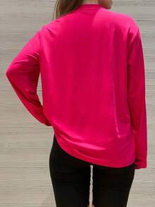 Small Shoulder Drop Long-Sleeve T-Shirt Solid Color Black Loose Casual - Màu Hồng Tươi - Xem 11