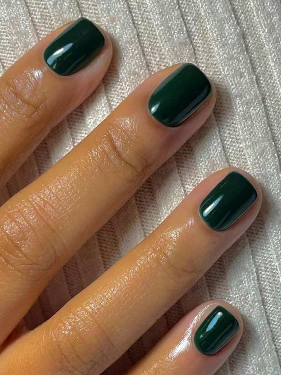 亚克力短方形深绿色美甲套装，亮面假指甲，压制美甲，纯色短指甲，自带指甲贴纸，适合秋冬季女性使用 - 墨綠色 - 查看 1