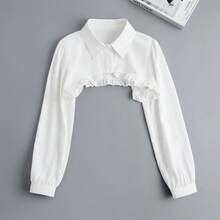 1pc Women's Casual Solid White Button Ruffle Collar Long Sleeve Non-Stretch Shawl Collar Blouse, Suitable For Autumn/Winter Vacation And Daily Wear - White - View 9