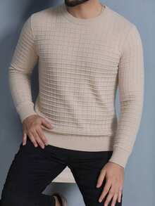 Men's Plain Square Knit Sweater, Round Neck, Long Sleeve, Thick Wool Sweater. - Khaki - View 1