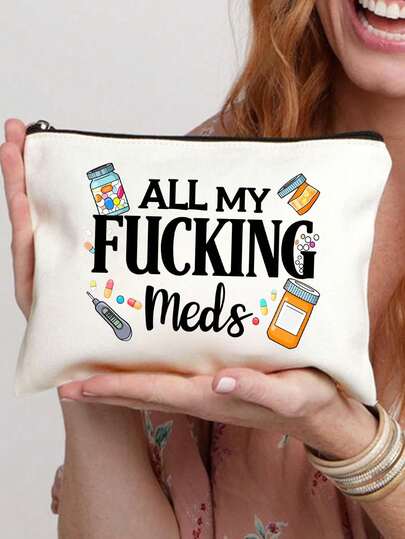 Printed With"All My Meds" Canvas Medicine Box - Zipper Reusable Medicine Bag, Suitable For Traveling And Storing Cosmetics - Ideal Gift For Women, Sisters And Daughters On Birthdays And Christmas Day Medicine Bag Medicine Bottle Medicine Box Hospital Bag First Aid Kit Medicine Storage Bag Portable Travel Essential Cruise Essential Holiday Essential,Valentine'S Day