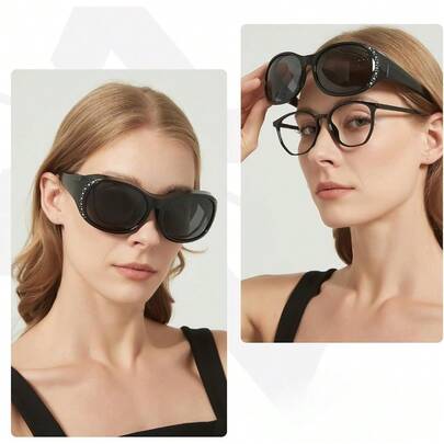نظارات شمسية مستقطبة للنساء للارتداء فوق النظارات، حماية من الأشعة فوق البنفسجية UV400، إطار كبير الحجم مع تفاصيل لامعة مناسبة للقيادة