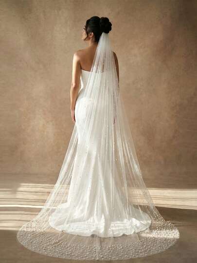 1pc Faux Pearl Bridal Veil, Dense Pearl Beaded Trailing, Suitable For Church Wedding, Photography Props, Bridal Gown Accessory, With Hair Comb