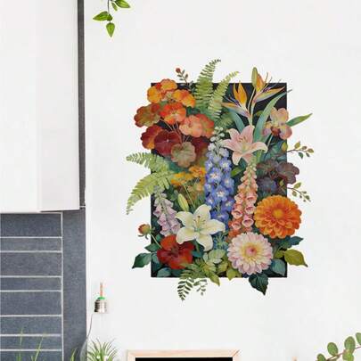 Spring Flower Self-Adhesive Waterproof Removable Wall Sticker | Tropical Flowerr With Leaves Home Decals Palm Tree And Ocean Landscape, Matte End, Suitable For Party, Home, Kitchen, Living Room, Bedroom, Bathroom Decor, Home Deco