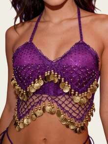 一件手工制作的女士露背吊带胸衣，饰有亮片珠串流苏系带，肚皮舞服装，露脐上衣，搭配亮片裙纱丽，灵感源自波西米亚风节日狂欢表演。适合节日、派对、夜店、海滩穿着，也可作为异域风情服饰装饰，展现波西米亚复古风情。 - 彩色 - 查看 4