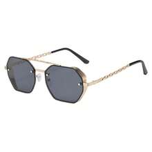 1pc Women's Double-Bridge Polygonal Metal Frame Chain Temples Fashion Fashion Glasses - Golden Double Tea - View 6