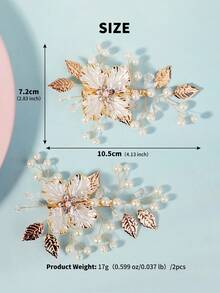 2pcs Handmade Crystal & Pearl Flower Hair Clips, Gold Tone Metal Leaf Bridal Headpiece Set - Gold - View 11