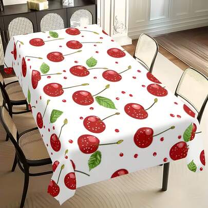 1pc Summer Dining Table Refresh! White Background Red Cherry Print Tablecloth With Green Leaf Accents, Polyester Material, Suitable For Family Gathering, Party, Picnic, Outdoor Wedding, Indoor & Outdoor Use, Home Decor Gift