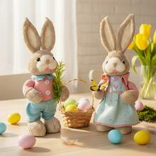Easter Bunny Decoration Cute Straw Rabbit Figurines Table Centerpiece For Home Farmhouse Holiday Spring Party Tiered Tray Decor - 天藍 - 查看 2