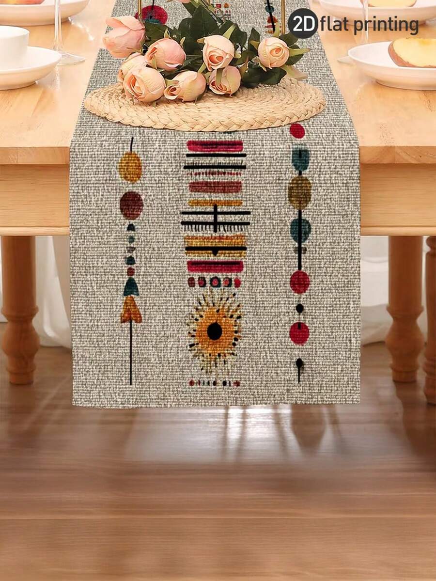 1pc, Hand-Painted Totem Line Printed Tablecloth, The Latest Spring And Summer Tablecloth, Uniquely Styled For All Seasons, Bohemian Style, Polyester Printed Long Tablecloth Rich In Cultural Sense And Design Aesthetics(13x35.4/47.2/63/72/78.7 Inches) - Multicolor - View 1