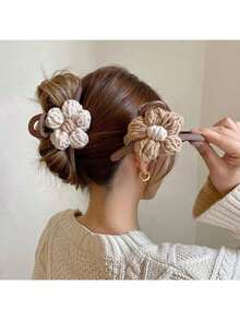 1pc Handmade Knitted Flower Hair Claw Clip, Bohemian Style Hair Accessory, Plastic Hair Clamp - Multicolor - View 5