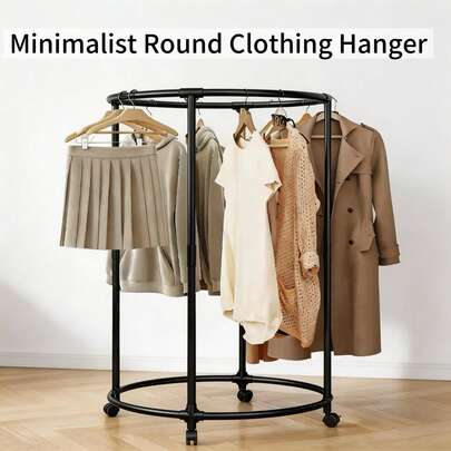 360° Rotating Clothing Rack With Wheels ,Heavy Duty Round Garment Rack For Hanging Clothes,Portable Closet Organizer For Bedroom, Laundry Room, And Small Spaces ,  Metal Clothing Display Stand