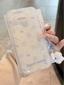1pc New Fashionable Cartoon Cute Line Drawing Rabbit, Bow, Heart, Puppy Pendant Candy Soft Phone Case Compatible With IPhone 17 Air, 17 Pro Max, 16 Pro Max, 15 Pro, 14 Pro, 13, 12, 11, Adorable Feminine Niche Design - Rabbit Shell + Bone Dog Cat Paw Lanyard - View 2