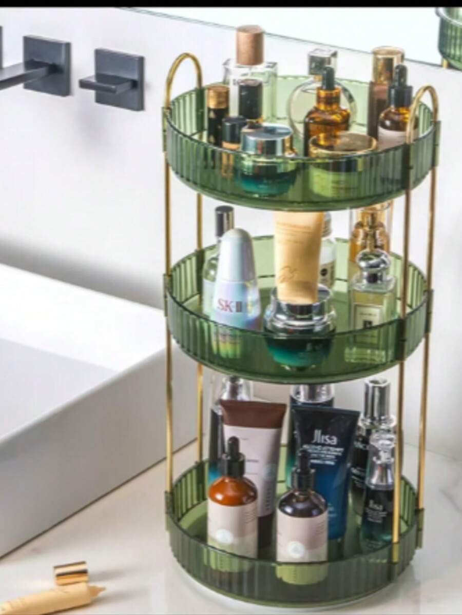 1 / 2 / 3 Layer Rotating Cosmetic Storage Rack, Suitable For Dressing Table, Perfume And Skincare Storage Rack, Large Capacity, Bathroom Countertop Cosmetic Storage, Transparent Rotating Skincare Lipstick Rack, With 1 / 2 / 3 Layers, Christmas Decoration, Cosmetic Storage Rack, Perfume Storage Rack (Green & Transparent & Amber),Room Decor ,Makeup Bag