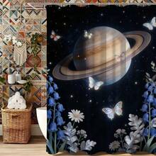 土星蓝蝴蝶浴帘，闪耀的星球上点缀着虹彩蝴蝶和风铃草，宇宙背景，防水涤纶材质，带挂钩，太空奇幻主题浴室装饰，梦幻星空风格卫生间装饰礼品 - 藍白 - 查看 6