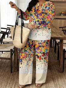 Colorful Splatter Print Women's Pointed Collar Short-Sleeved Trousers Two-Piece Set, Dazzling And Eye-Catching, Made Of Polyester Fiber Fabric, Lightweight And Breathable, Perfect For Casual Vacation Wear. - 彩色 - 查看 3