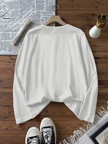 柔软纯棉长袖上衣，彩色爱心字母印花休闲衬衫，女士加大码圆领长袖T恤，宽松版型，100%纯棉面料，女士长袖T恤，白色，女士加大码上衣，适合秋冬季日常穿着 - 白色 - 查看 2