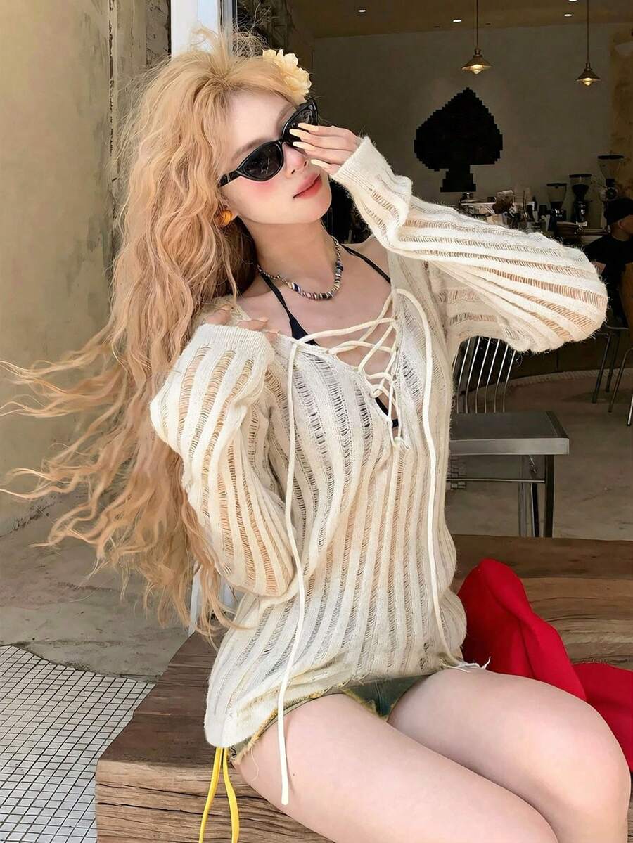 New Sexy Hollow Lace-Up Design Knit Sweater, Unique Long Sleeve Pullover, Spring/Summer - Milky White - View 1