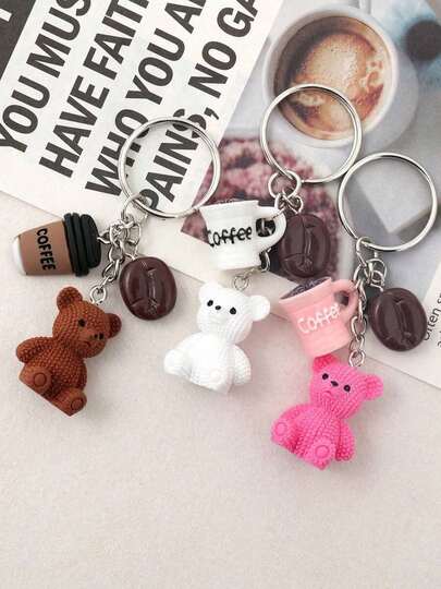 1pc Cute Brown Teddy Bear Charm Keychains - Resin Bear, Coffee Beans, Cup Key Chain With Ferroalloy Ring - Birthday, Coffee Lover Gift, Party Favors, Purse & Notebook Decoration - Women's Fashion Accessory Charm, Playful Design, Durable Metal Ring Bag Charms Car Teacher Friend Sister Gift Ideas