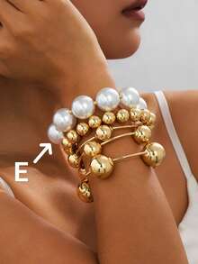 1/5 piezas Brazalete elástico exagerado vintage de oro/perla macizo, accesorio de playa para mujer adecuado para citas, sesiones de moda, vacaciones, joyería decorativa de encanto como regalo - Amarillo Oro - Ver 9