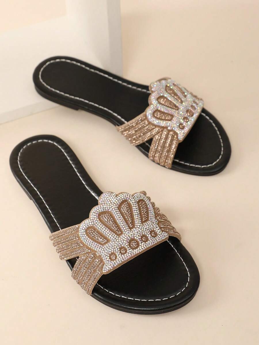 玫瑰金闪亮亮片可爱H型露趾透气镂空双色水钻星星装饰凉鞋，百搭奢华，适合婚礼、派对、聚会等场合，优雅性感可爱，简约风格，居家休闲、户外散步、海滩、浪漫约会、度假皆宜。女士平底凉鞋，适合春、夏、秋、冬四季穿着。 - 彩色 - 查看 1