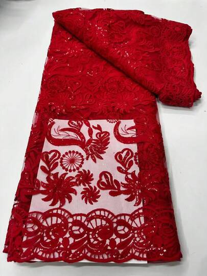 1 Yard/5 Yards High-Quality Blue/Red Floral Sequin Lace Mesh Fabric, Soft Breathable Sheer Netting Fabric For Women's Clothing, Bridal Gowns, Party Dresses, Home Sewing, DIY Decoration