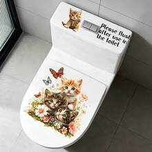 1/3pcs Self-Adhesive Toilet Sticker, Removable Waterproof PVC, Rabbit And Cat Design With Text Design. Perfect For Washing Room. - multicolor - View 8
