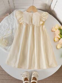 Young Girls' Spring/Summer Floral Pearl Decor Cap Sleeve Princess Dress - Apricot - View 2