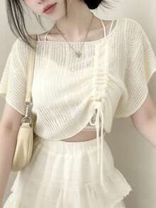 Suéter holgado de punto con mangas de murciélago y cordón ajustable para mujer - Albaricoque - Ver 7