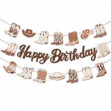 3 piezas Pancarta de cumpleaños con tema de vaquero occidental, con lazos de cereza y patrones de botas de vaquero, adecuada para fiesta de cumpleaños con tema de vaquero, boda, fiesta de revelación de género, decoraciones de fiesta - Cumpleaños - Ver 12