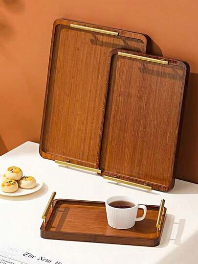 1pc Bamboo Tray, Serving Tray, Decorative Tray With Handle, Coffee, Dessert, Tea, Fruit, Pizza Tray, Kitchen Storage Tray, Rectangular/Round Bamboo Tray, Tea Set, Natural Wood Grain Texture May Vary