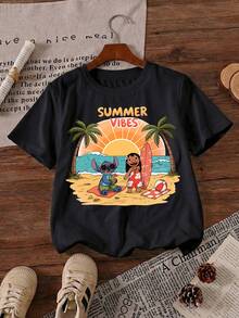 Disney Lilo & Stitch Summer Vibes Beach Printed Pattern T-Shirts For Girls - Children's Clothing Design Short-Sleeved Casual And Cute Style Comfortable And Casual Wear All Year Round Suitable For Parties And Play Machine Washable Gift Children's Clothing Girls' Short-Sleeved Shirts - màu đen - Xem 2