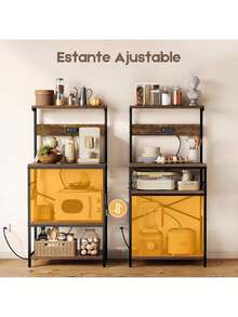 Estante para Hornear de Cocina con Enchufe, Rejilla para Microondas con Cesta de Drenaje de Metal y 6 Ganchos en S, Rejilla de Cocina de 56 * 42* 129cm para Guardar Especias, Ollas y Sartenes - Marrón - Ver 5