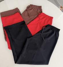 Set Of 3 Women's Pants Duna Wide-Leg Pants Trio High-Waisted Wide-Leg Pants Elastic Waistband Premium Duna Fabric Wrinkle-Resistant Shrink-Resistant Loose-Fitting Pants One Size Elegant Work Outfit Versatile Piece Fashionable For Summer Winter Spring Autumn Superior Quality - 黑/紅/棕 - 查看 1