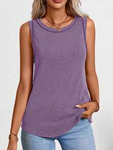 女士罗纹圆领吊带背心，夏季休闲款 - 紫色 - 查看 5